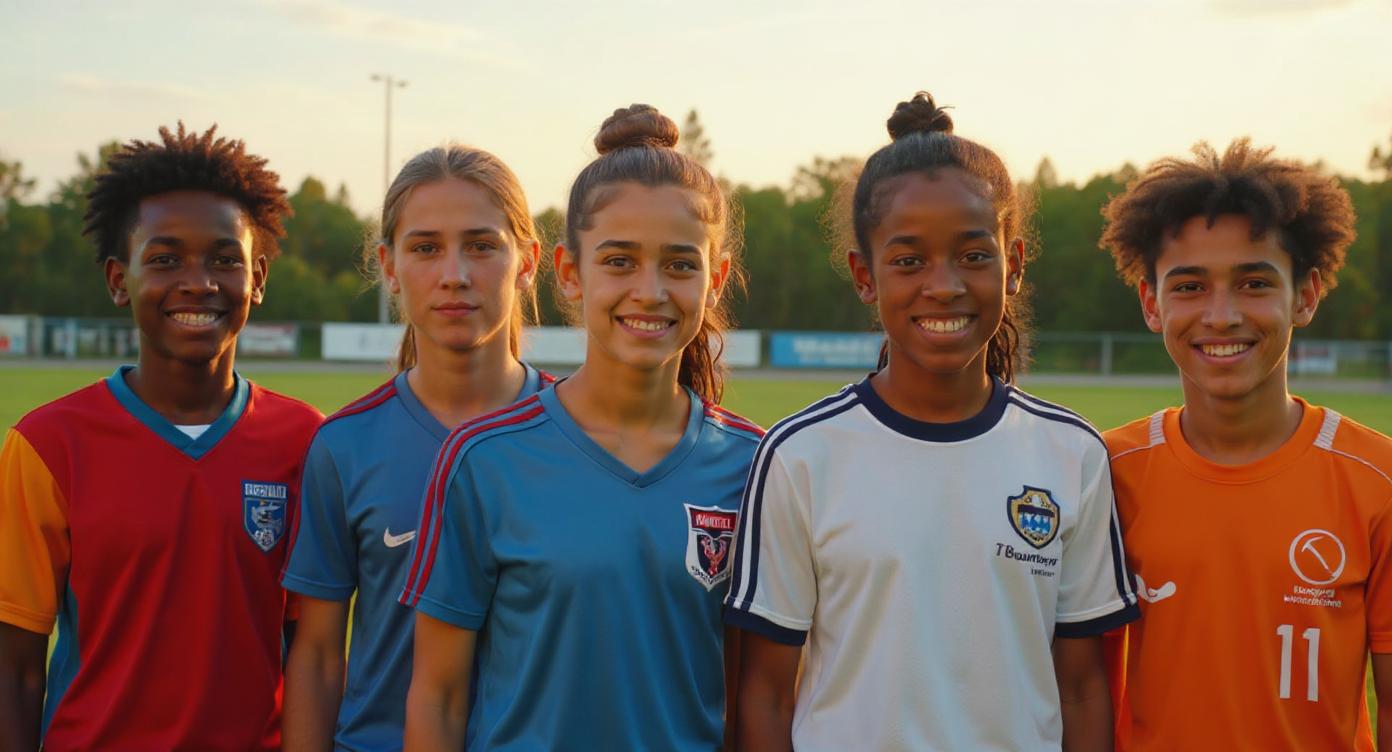 Diverse young athletes aged 16-18 from various team sports standing together